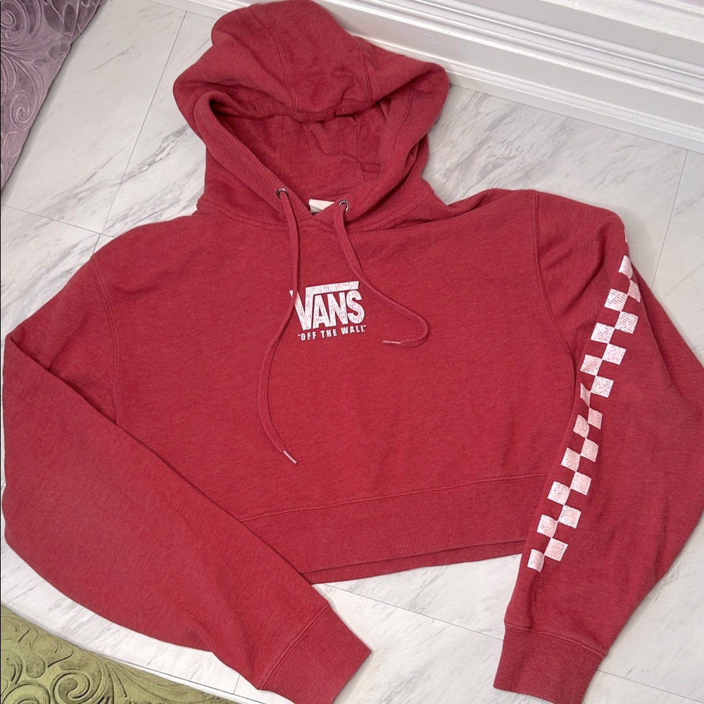 Vans Burgundy Cropped Hoodie with Checkered Sleeve